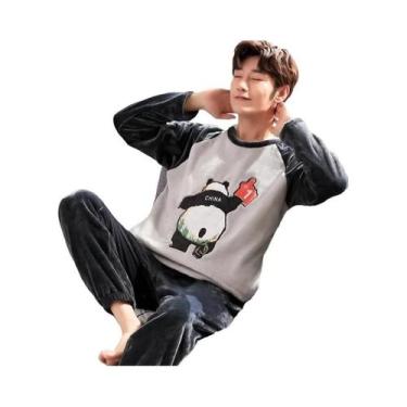 Imagem de Pijamas Masculinos De Fleece Coral Com Gola Redonda E Manga Longa, Con