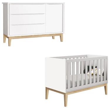 Imagem de Berço Americano e Cômoda Infantil 1 Porta Classic Branco com Pés Madeira Natural – Reller