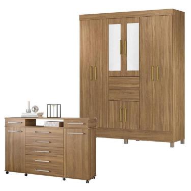 Imagem de Cômoda London e Guarda Roupa Casal Munique Amêndola Touch com Espelho - Demóbile