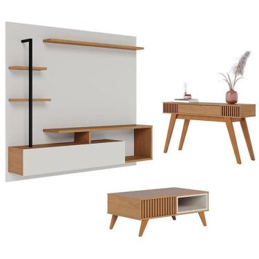 Imagem de Painel para Tv Home Suspenso Maragogi Off White Freijó com Mesa de Centro Jeri Freijó Off White e Aparador Riviera Freijó – Colibri