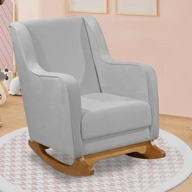 Imagem de Poltrona Amamentação Base Madeira Balanço Vick Veludo Cinza F03 - Mpozenato