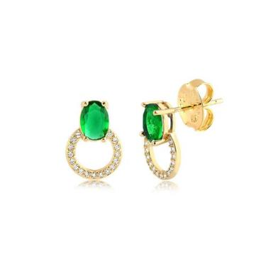 Imagem de Brinco Redondo Pedra Verde Esmeralda Feminino Banhado A Ouro - Radhau 