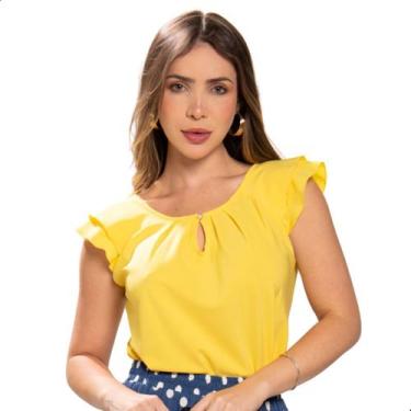 Imagem de Blusinha Evangélica Crepinho Social Feminina Cores Lisas Cor:AmareloTa