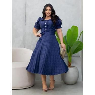 Imagem de Vestido Midi Elegante Plissado Manga Princesa com Babado e Botão Brilh