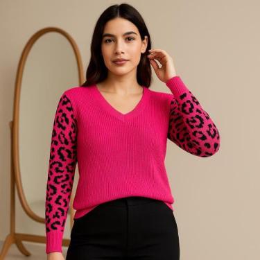 Imagem de Blusa Feminina de Tricot Liso Manga Longa com Estampa de Onça - Vitrin