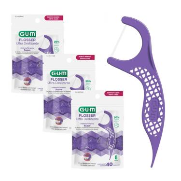 Imagem de Kit Fio Dental com Haste Gum Flosser Ultra Deslizante com Forquilha Sabor Menta Roxo 3 Unidades 120un