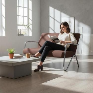 Imagem de Namoradeira Decorativa Bela Suede Marrom Braço Cromado - Mazzero Decor