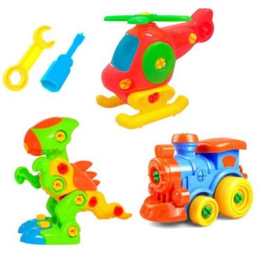 Imagem de 3 Brinquedos Pedagógicos Trem Dinossauro Rex Helicóptero de Montar Cha