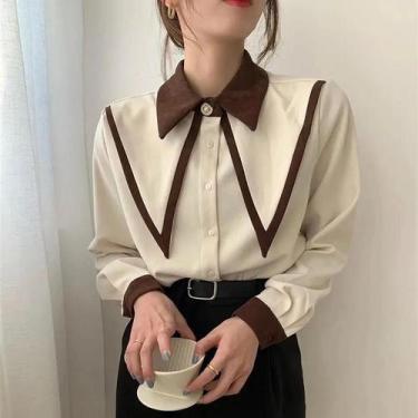Imagem de Blusa Elegante De Chiffon Preto Com Patchwork Para Mulheres, Manga Lon