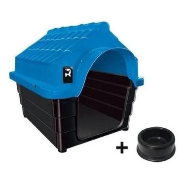 Imagem de Casinha para Cachorro Pequeno Mecpet, Plástica, Azul, 38x44x32cm, com Comedouro Preto