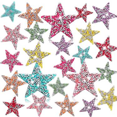 Imagem de 24 peças de adesivos de ferro sobre estrelas, adesivos de ferro com estrelas, apliques de estrelas brilhantes com glitter, strass, apliques de estrelas para decoração de roupas, jeans, reparo de roupas (cor mista, 6,5 cm)
