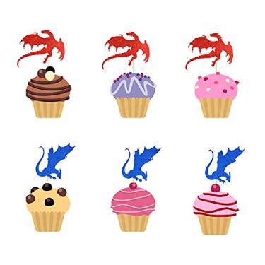 Imagem de 24 peças de enfeites de cupcake Charizard com glitter, decoração de sobremesa de dragão, placa de dinossauro, decoração de bolo de chá de bebê, decoração de festa de aniversário infantil