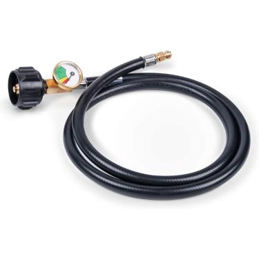 Imagem de GasSaf Mangueira de trança de propano RV de 4 pés, mangueira de gás RV macho invertida de 1/4" com calibre, adequada para regulador padrão de 2 estágios, campista de churrasqueira a gás e cozinha externa