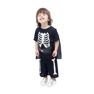 Imagem de Fantasia de Caveirinha Esqueleto Infantil Macacão Curto Cinto e Capa Festa Halloween Carnaval 2 a 8 Anos