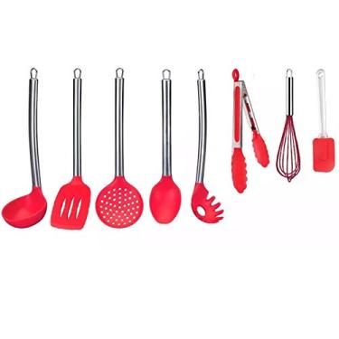Imagem de Kit 8 Colheres Utensílios Silicone Vermelho Cabo Inox