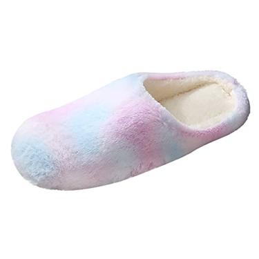 Imagem de Chinelos de dedo do pé redondo sapatos femininos multicoloridos tie-dye para mulheres plus veludo inverno chinelos para mulheres interior, Roxa, 8