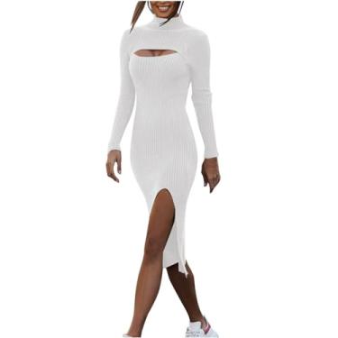 Imagem de Vestido feminino outono/inverno cor sólida vazada manga longa slim fit vestido casual longo maxi vestidos para mulheres, Branco, XXG