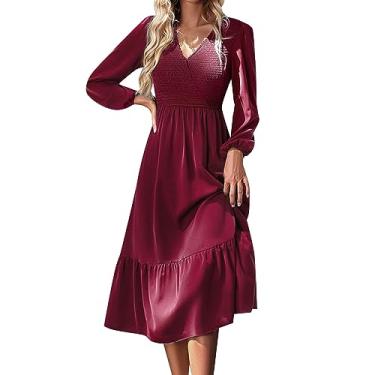 Imagem de UIFLQXX Vestido de coquetel feminino 2023 outono cor pura vestido envoltório manga longa decote em V cintura alta vestido evasê, Vermelho, GG