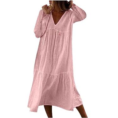 Imagem de Vestido feminino casual solto com decote em V e manga comprida vestido de praia vestido de amamentação para mulheres, rosa, XXG