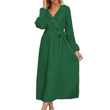Imagem de UIFLQXX Vestido longo feminino plus size outono/inverno novo vestido com babados decote em V manga longa plissado vestido evasê, Verde, P