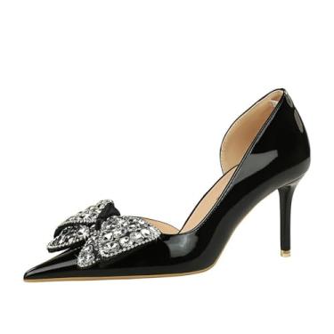 Imagem de YGJKLIS Salto agulha feminino 7,5 cm salto alto com laço brilhante sapatos de formatura sapatos de casamento sapatos de noiva, Preto, 5.5