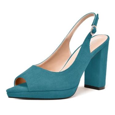 Imagem de WAYDERNS Sapato feminino com alça ajustável peep toe para noiva camurça fivela plataforma bloco sólido salto alto sapatos 10 centímetros, Azul-petróleo, 7.5