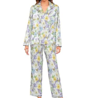 Imagem de JUNZAN Conjunto de pijama feminino de manga comprida com flores silvestres lavanda pijama de cetim com botões, Flor silvestre lavanda, P