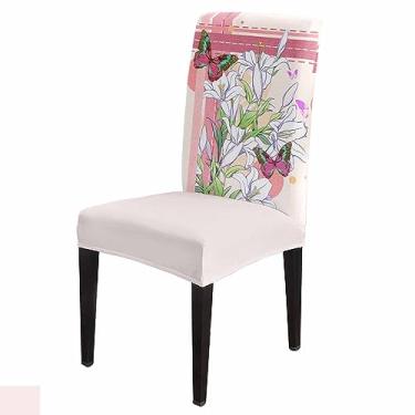 Imagem de Savannan Capas de cadeira de sala de jantar, borboleta, lírio, flor, rosa, listras, dia dos namorados, esticáveis, capas de cadeira Parsons, capa protetora removível para cadeira de cozinha, para sala
