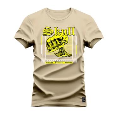 Imagem de Camiseta T-Shirt 100% Algodão Estampada Durável Skull Bege P