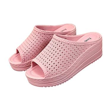 Imagem de Sandálias femininas de verão com salto inclinado inferior grosso confortáveis sandálias ocas de malha de plástico desgaste externo feminino bico aberto, rosa, 6.5