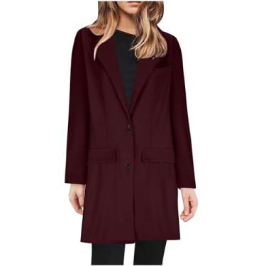 Imagem de Blazer feminino plus size lapela botão casaco manga longa cor sólida jaqueta roupas de negócios, Vinho, G