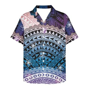 Imagem de Gzzxiailg Camiseta masculina de manga curta Havaí, modelagem regular, gola V, tropical, praia, camiseta de botão para férias na praia, Polinésia, PP