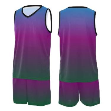 Imagem de CHIFIGNO Camiseta de basquete bege areia para adultos, camiseta juvenil PP-3GG, Azul roxo verde dégradé, XXG
