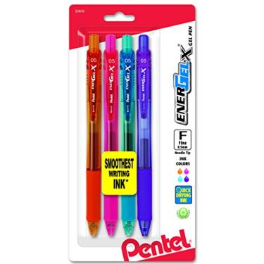 Imagem de Pentel Caneta de gel líquido retrátil EnerGel-X, 0,5 mm, ponta de agulha, tinta sortida, pacote com 4 (BLN105BP4M1)