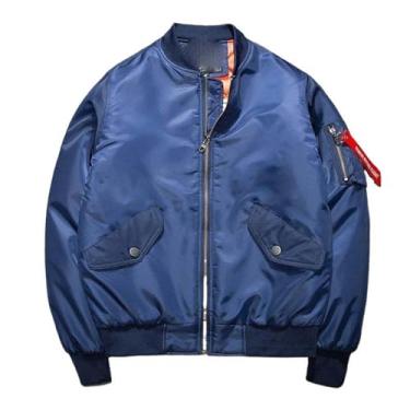Imagem de Aoleaky Casaco piloto masculino manga comprida primavera jaqueta de beisebol vintage streetwear outono, Jaqueta bomber azul, G