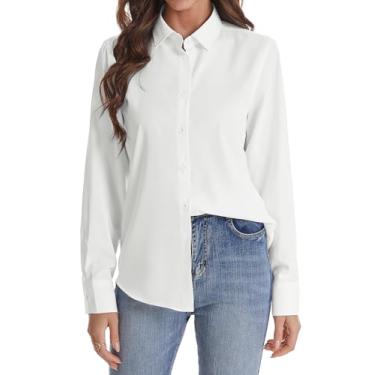 Imagem de J.VER Camisa feminina de botão, manga comprida, sem rugas, de chiffon, lisa, leve, blusa de trabalho, Branco, 4G