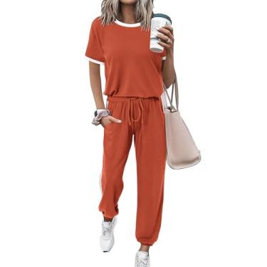 Imagem de MASCOMODA Conjunto feminino de 2 peças de agasalho de verão 2024, blusa de manga curta, calça comprida, jogger, Laranja, XX-Large