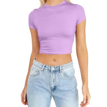 Imagem de Camiseta feminina de verão slim fit cropped gola redonda manga curta camiseta básica cor sólida blusas para sair, Roxa, P