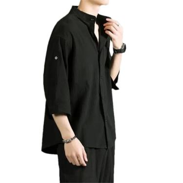 Imagem de Camisa masculina de verão fina estilo chinês de algodão e linho manga curta camisa de linho casual solta cor sólida masculina, Preto, G