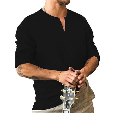 Imagem de JoZorro Camiseta masculina de linho de poliéster com gola V, manga comprida, túnica feita à mão, bordada, casual, para praia, Preto puro, P