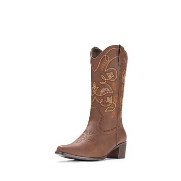 Imagem de IUV Botas femininas caubói, bico fino, botas ocidentais, botas cowgirl, cano médio, Marrom, 35