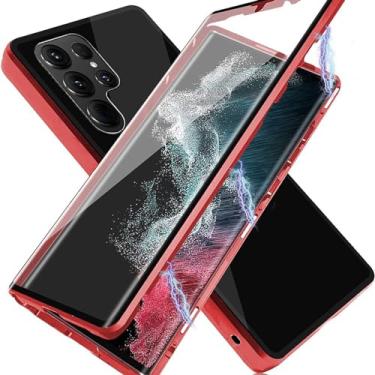 Imagem de HAO RIYLN Capa de vidro temperado para Samsung Galaxy S24 Ultra/S24 Plus/S24, capa de adsorção magnética de liga de alumínio, capa de proteção contra quedas de grau militar, vermelha, S24 Plus