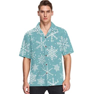 Imagem de Camisas havaianas masculinas manga curta Aloha Beach camisa branca flocos de neve azul verão casual camisas de botão, Multicolorido, M