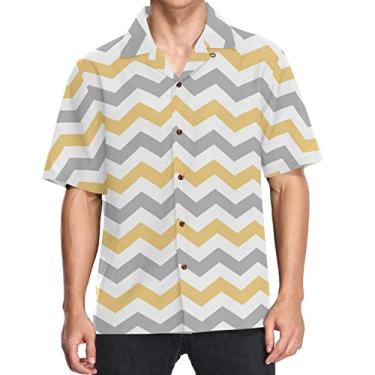 Imagem de visesunny Camisa masculina casual de botão manga curta havaiana xadrez cinza e amarela Chevron Aloha, Multicolorido, XG