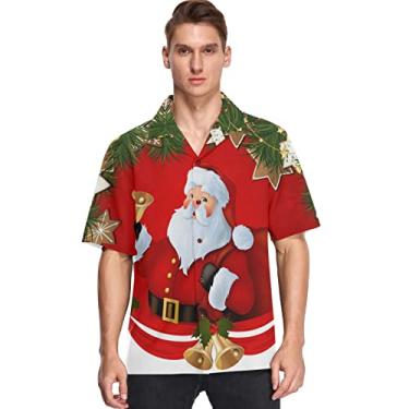 Imagem de visesunny Camisa masculina casual de botão manga curta havaiana Natal Papai Noel vermelho Aloha, Multicolorido, M