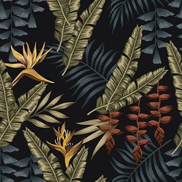 Imagem de WESTICK Papel de parede tropical escuro vintage palmeira papel de parede descascar e colar folha de bananeira papel de parede decorativo planta selva papel de parede removível palmeira preta para