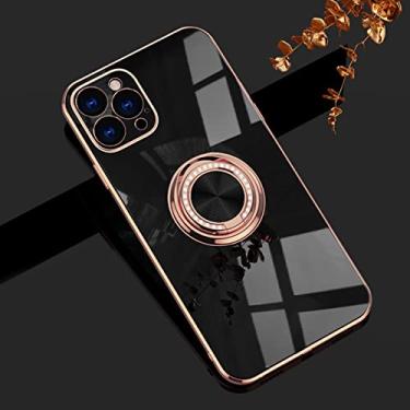 Imagem de Yepda Capa para iPhone 15 Pro Ring Holder Case with Diamond Shiny Plating Rose Gold Edge Built-in 360 Rotation Magnetic Kickstand for Women Girls Slim Soft TPU Capa protetora 6,1 polegadas, preta