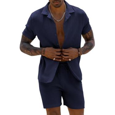 Imagem de URRU Conjunto masculino de linho 2024 moda verão manga curta camisa e shorts roupa praia tropical férias, Azul marinho, G