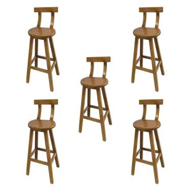 Imagem de Kit 5 Bancos Altos Bistrô de Madeira com Encosto Girafa Ideal para Bar e Restaurante Natural