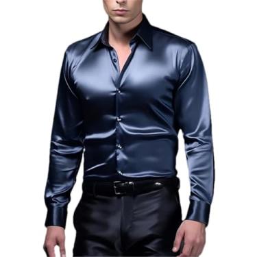 Imagem de Camisas e blusas masculinas de seda de cetim cor sólida slim fit festa manga longa social roupas masculinas, Azul marinho, GG
